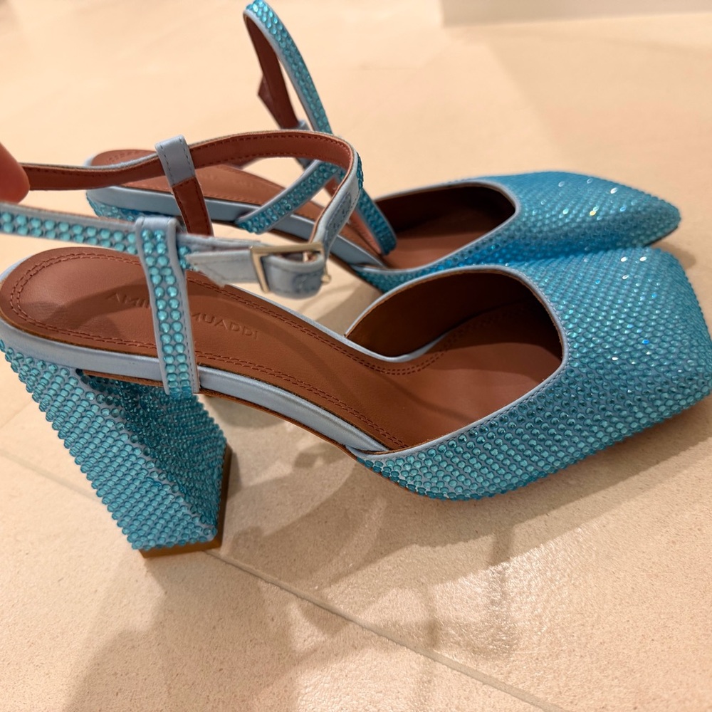 Amina Muaddi Sparkling Blue Heels